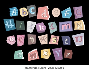 Ransom Alphabet vector font. Faded paper ransom cut note letters colorful various style font for anonymous notes. Typography type from newspaper. Clipping alphabet ripped and torn old magazine letter