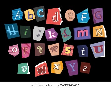 Ransom Alphabet vector font. Paper ransom cut note letters colorful various style font for anonymous notes. Clipping alphabet ripped and torn magazine letter. Typography type from newspaper