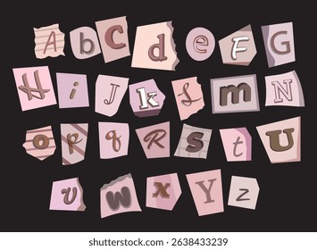 Ransom Alphabet vector font. Pink monochrome cut paper ransom note letters various style font for anonymous notes. Clipping alphabet ripped and torn magazine letter. Typography type from newspaper