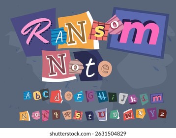 Ransom Alphabet vector font. Sliced letters colorful various style font for anonymous notes. Clipping alphabet ripped and torn magazine letter. Typography type cut note from newspaper, paper