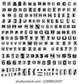 Ransom black font. Anonymous cutout notes. Paper Cut out ransom Blackmail Note Font. Blackmail Ransom Kidnapper criminal Latin Letters, Numbers, punctuation symbols. Collage style ransom letters