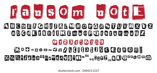 Ransom collage style stencil black and red letters numbers and punctuation marks cut from newspapers and magazines. Vintage ABC collection. Black and white alphabet Typography vector illustration.