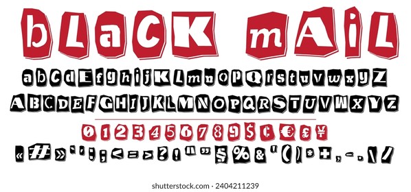 Ransom collage style stencil black and red letters numbers and punctuation marks cut from newspapers and magazines. Vintage ABC collection. Black and white alphabet Typography vector illustration.