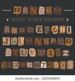 Ransom collage Vintage Old Paper Cut Out Color Letters and Numbers. Alphabet Ransom note collage vector trendy paper style blackmail ransom kidnapper criminal anonymous or detective scrap font