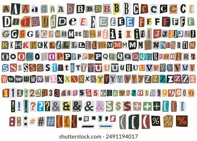 Lösegeld ausschneidet Farbbuchstaben. Zahlen, Satzzeichen. Lösegeld-Notiz Collage Vektorgrafik Alphabet Trendy Papierstil Erpressung Lösegeld Entführer Kriminelle Anonymous oder Detektiv Schrott Schriftart. Eigene zusammenstellen