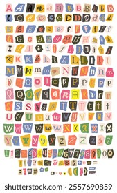 Ransom cut out color letters. Ransom note collage with different letters, numbers and punctuation marks of English alphabet. Font of criminal anonymous letters. Flat vector illustration collection