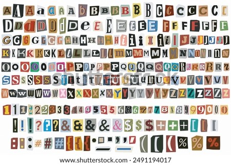 Ransom cut out color letters. Numbers, punctuation marks. Ransom note collage vector alphabet trendy paper style blackmail ransom kidnapper criminal anonymous or detective scrap font. Compose your own