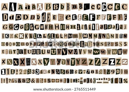 Ransom cut out paper brown retro letters alphabet. Paper cut out ransom letters vector alphabet in a classic anonymous note and blackmail style. Includes Latin uppercase letters, numbers, and punctuation symbols arranged as a collage of mismatched magazine and newspaper cutouts.
Each character is designed to resemble real paper scraps, creating an authentic handmade look associated with criminal messages, detective stories, and thriller visuals. The chaotic composition and irregular typography give it a strong emotional impact and instantly recognizable aesthetic.
Perfect for horror, crime, mystery, and true crime themed projects. Ideal for posters, movie titles, book covers, editorial layouts, social media graphics, and branding concepts that require a bold, edgy, and dramatic visual style. Compose your own ransom messages and creative typography with this versatile set.