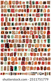 Ransom Cut Out Torn Paper Collage Style Letters Notes. Collage Cutout Vector Criminal Blackmail Ransom Kidnapper Anonymous Note Font Alphabet. Latin English Letters, Numbers and punctuation marks.