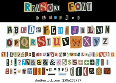 Ransom font Collage style vector letters alphabet. Cut out Blackmail or Ransom Kidnapper Anonymous Note Font. Latin Letters, Numbers and punctuation symbols. Criminal ransom letters. Compose your own