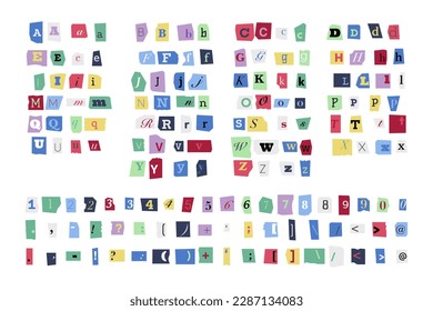 Ransom font. Colorful criminal uppercase and lowercase letters numbers and punctuation marks, cutout blackmail alphabet Vector anonymous typeface of typography grammar for ransom illustration