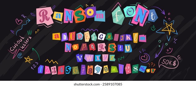 Ransom font with colorful cutout letters, numbers, punctuation marks from magazine pages. Collage vector alphabet in trendy style with cute doodle elements. Newspaper cut out paper torn alphabet