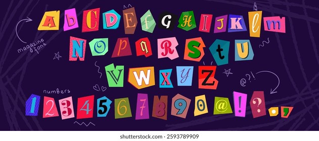 Ransom font with colorful cutout letters, numbers, punctuation marks from magazine pages. Collage vector alphabet in trendy style with cute doodle elements. Newspaper cut out paper torn alphabet