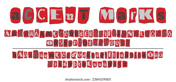 Ransom halftone collage style letters numbers and punctuation marks cut from newspapers and magazines. Vintage ABC collection. Red, black and white alphabet Typography vector illustration.