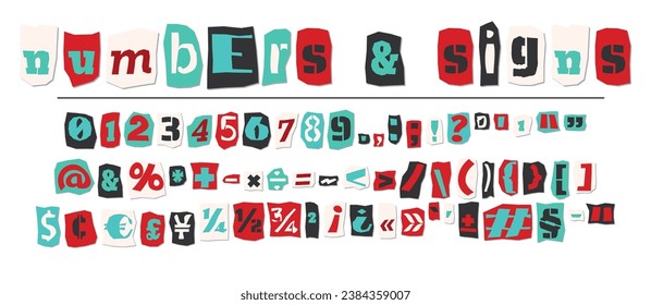 Ransom halftone collage style letters numbers and punctuation marks cut from newspapers and magazines. Vintage ABC collection. Red, black and white alphabet Typography vector illustration.