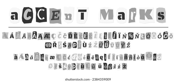 Ransom halftone collage style letters numbers and punctuation marks cut from newspapers and magazines. Vintage ABC collection. Black and white alphabet Typography vector illustration.