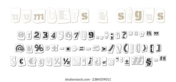 Ransom halftone collage style letters numbers and punctuation marks cut from newspapers and magazines. Vintage ABC collection. Black and white alphabet Typography vector illustration.