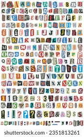 Ransom Letters Collage Cut Out Vector Alphabet. Blackmail Ransom Kidnapper Anonymous Note Font. Latin Letters, Numbers and punctuation marks. Criminal ransom letters. Compose your own. Big collection