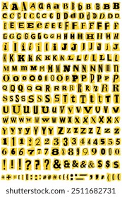 Ransom Letters Collage Cut Out Vector Alphabet. Blackmail Ransom Kidnapper Anonymous Note Font. Latin Letters, Numbers and punctuation marks. Criminal yellow and black ransom letters. Compose your own