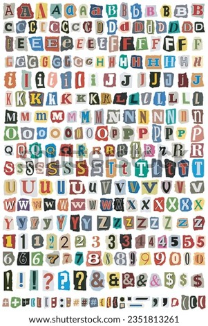 Ransom Letters Collage Cut Out Vector Alphabet. Blackmail Ransom Kidnapper Anonymous Note Font. Latin Letters, Numbers and punctuation marks. Criminal ransom letters. Compose your own. Big collection Stock foto © 