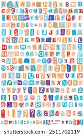 Ransom Letters Cut Out cute pastel colorful alphabet. Collage Cutout Torn Paper Vector Blackmail Ransom Kidnapper Anonymous Note Font. Letters, Numbers and punctuation marks. Criminal ransom notes