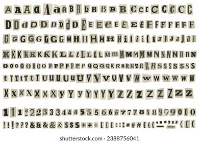 Ransom letters newspaper text cutout vector alphabet.Blackmail Paper Cut Anonymous trendy Note Font. Latin capital and lowercase letters and Numbers magazine alphabet on pieces of paper in brown color