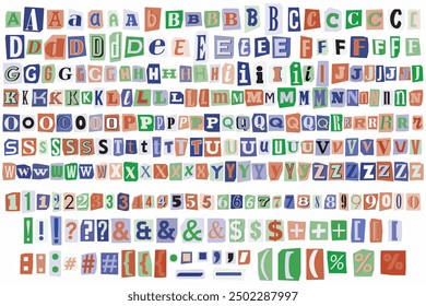 Ransom letters notes collage style vector alphabet. Cut Out Blackmail Ransom Kidnapper Anonymous Note Font. English Letters, Numbers and punctuation marks. Criminal ransom letters. Compose your own