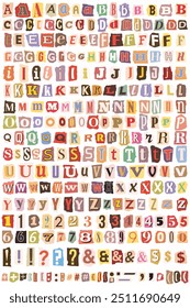 Ransom Letters Notes Cut Out Paper Collage Style Colorful Design Elements torn vector alphabet. Cutout Blackmail Kidnapper Anonymous Criminal Note Font. English Letters, Numbers and punctuation marks