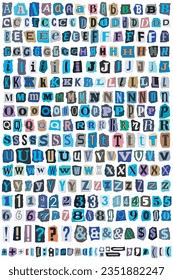 Ransom letters, numbers and punctuation marks. Big collection set cut out criminal note font from newspaper or magazine. Compose your own kidnapper anonymous letters, blackmail, death threats. Vector