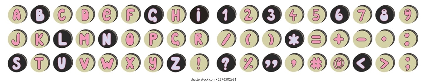 Ransom note alphabet, numbers, and symbols. Set of letters in circles. Vector.