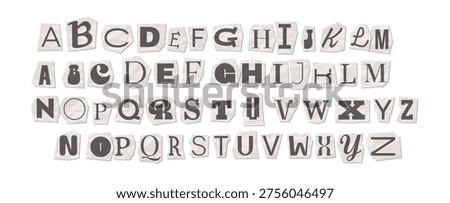 Ransom note alphabet vector set. Anonymous letters cut out from crumpled newspaper and magazine paper. Grunge anonymous text font isolated on white background. Punk typography collage elements.
