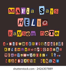 Ransom note font. Magazine and newspaper letters collection - vector design elements. Blackmail mafia crime concept.