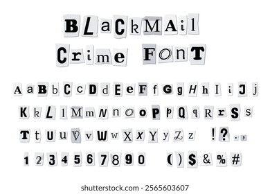 Ransom note font. Magazine and newspaper letters collection - vector design elements. Blackmail mafia crime concept.