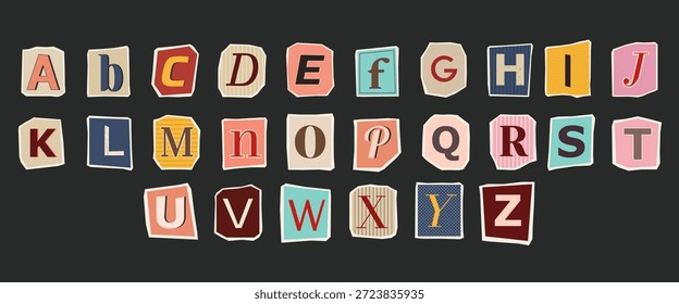 Colagem A-Z do alfabeto estilo nota de resgate. Cartas rasgadas com padrões retrô e cores isoladas em cinza escuro.