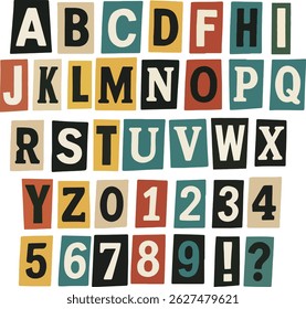 Ransom retro letters and numbers  typography font lettering ABC cartoon vector text