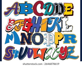 Colagem de tipografia de alfabeto completo com fontes mistas coloridas e letras de recorte de A a Z	
 