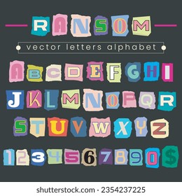 Alfabeto de letras de vectores de rescate. Blackmail Ransom Kidnapper Nota Anónima Tipo de letra Y2K. Papel Cortar el rescate de letras y números en inglés. Cartas de rescate criminal al estilo del collage. Componer el suyo propio