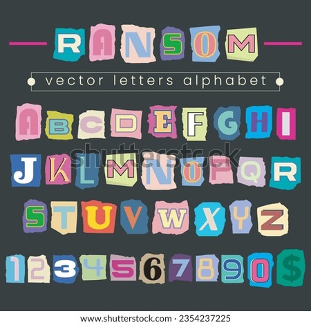 Ransom Vector Letters Alphabet. Blackmail Ransom Kidnapper Anonymous Note Font Y2K style. Paper Cut out ransom English Letters and Numbers. Collage style criminal ransom letters. Compose your own