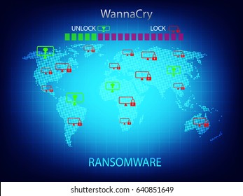 Ransomware alert, technology ,cyber secueity,cybercrime,world map  ,world map  furnished by NASA and draw by illustrator cc.