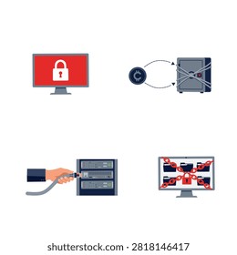 Ransomware attack concept vector set with system locked alert crypto exfiltration emergency server containment and encrypted data files
