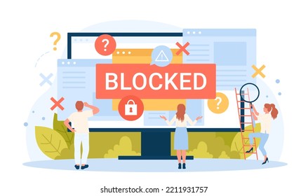 Ransomware attack and cyber protection for user account vector illustration. Cartoon blocked content for tiny people with alert message and padlock on computer monitor, access to files closed