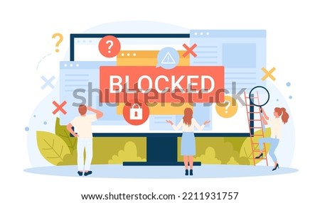 Ransomware attack and cyber protection for user account vector illustration. Cartoon blocked content for tiny people with alert message and padlock on computer monitor, access to files closed