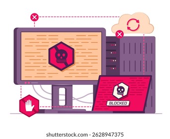 Ransomware Ataque Computador Desktop, Computador Laptop e Servidor em Nuvem para Ilustração de Conceito de Crime Cibernético e Malware