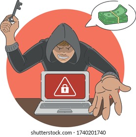 Ransomware Attack Scam Cartoon Of Malware Showing Alert Sign On Laptop Screen With Hacker Threatening Money Payment To Unlock