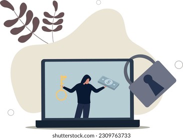 Ransomware computer crime, hacker attack company network ask for money to unlock data via internet concept,.flat vector illustration.