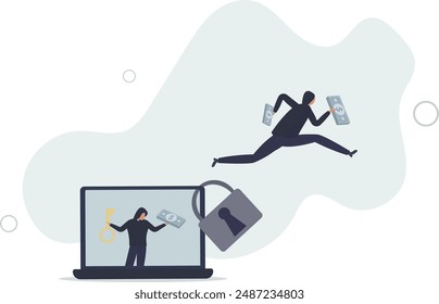 Ransomware computer crime, hacker attack company network ask for money to unlock data via internet concept,.flat design.illustration with people.