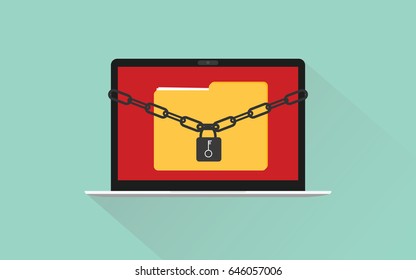 ransomware concept  illustration with laptop chain and file folder with  long shadow