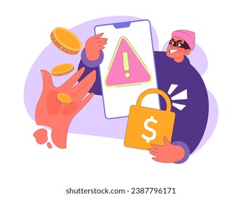 Ransomware concept. Sneaky hacker demands digital coins, holding encrypted files hostage, underlining the peril of ransomware attacks. Data breach. Payment demand. Flat vector illustration