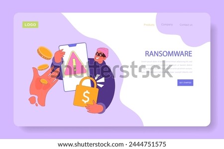 Ransomware concept. Sneaky hacker demands digital coins, holding encrypted files hostage, underlining the peril of ransomware attacks. Data breach. Payment demand. Flat vector illustration