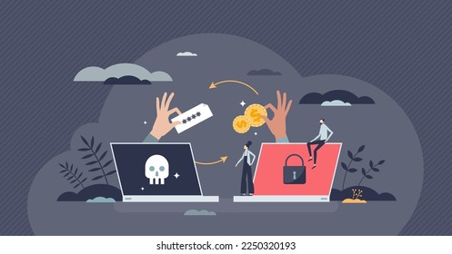 Ransomware data leaking threat in exchange for money tiny person concept. Criminal hacker attack with crypto extortion method vector illustration. Personal file safety risk alert with victim computer.